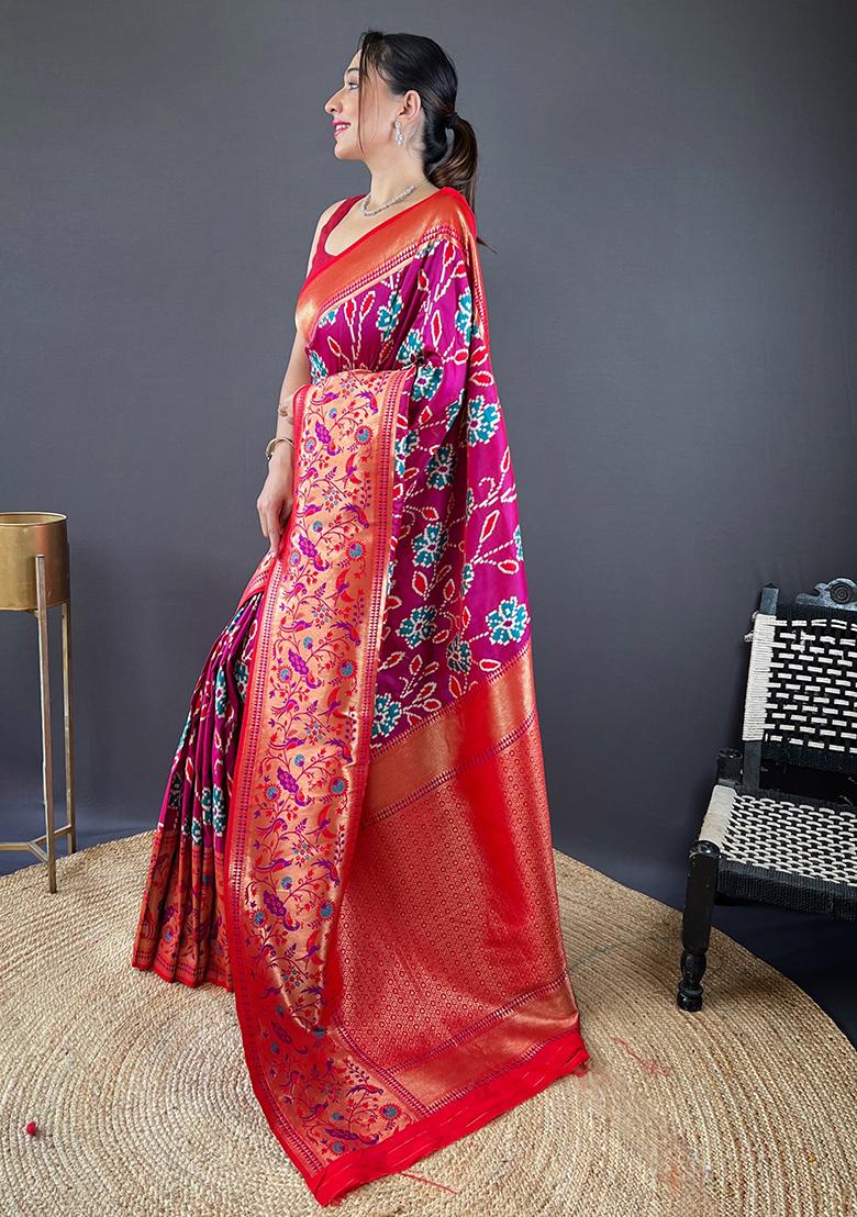 Magenta Patola Zari Weaving Design Soft Silk Saree Set With Blouse
