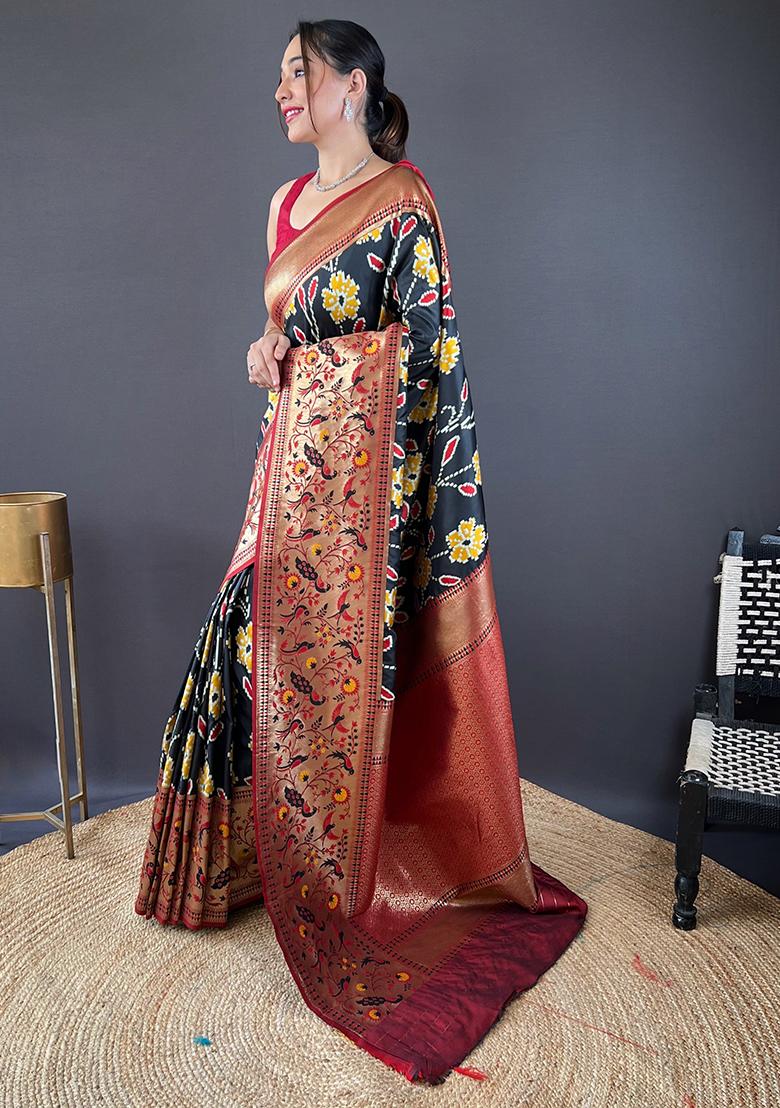 Black Patola Zari Weaving Design Soft Silk Saree Set With Blouse