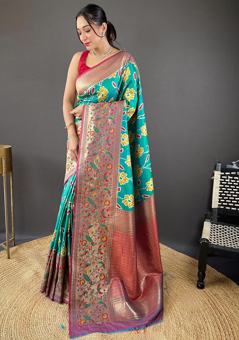 Rama Blue Patola Zari Weaving Design Soft Silk Saree Set With Blouse