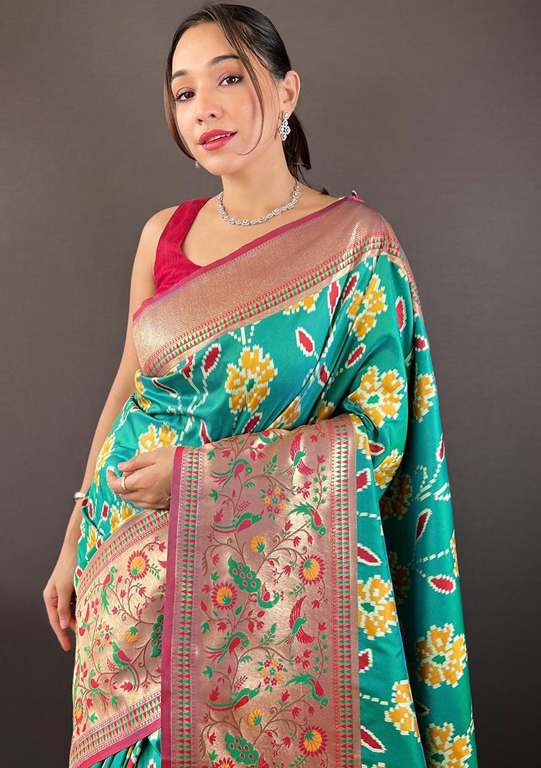 Rama Blue Patola Zari Weaving Design Soft Silk Saree Set With Blouse