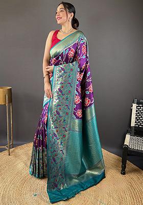 Blue Patola Zari Weaving Design Soft Silk Saree Set With Blouse