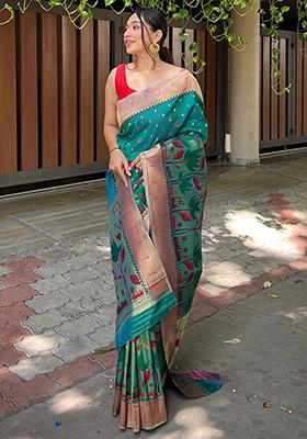 Purple Meenakari Flower Designs Pure Banarasi Paithani Silk Saree Set With Blouse