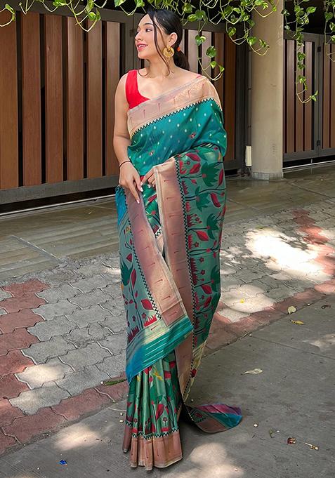 Purple Meenakari Flower Designs Pure Banarasi Paithani Silk Saree Set With Blouse