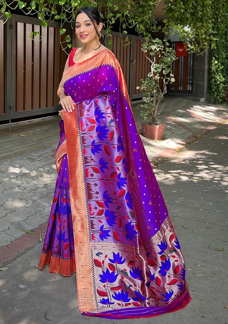 Light Blue Meenakari Flower Designs Pure Banarasi Paithani Silk Saree Set With Blouse