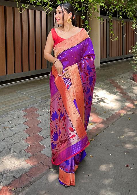 Light Blue Meenakari Flower Designs Pure Banarasi Paithani Silk Saree Set With Blouse