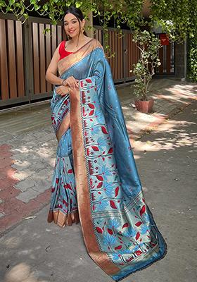 Light Green Meenakari Flower Designs Pure Banarasi Paithani Silk Saree Set With Blouse