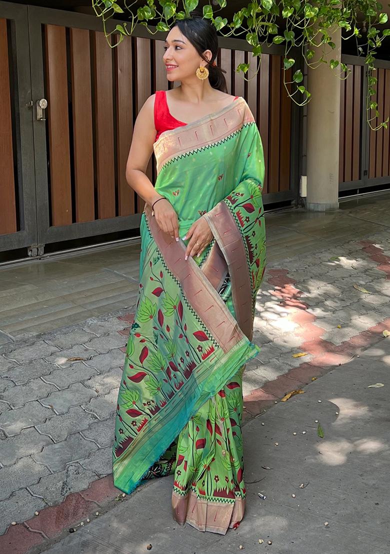 Lavender Meenakari Flower Designs Pure Banarasi Paithani Silk Saree Set With Blouse