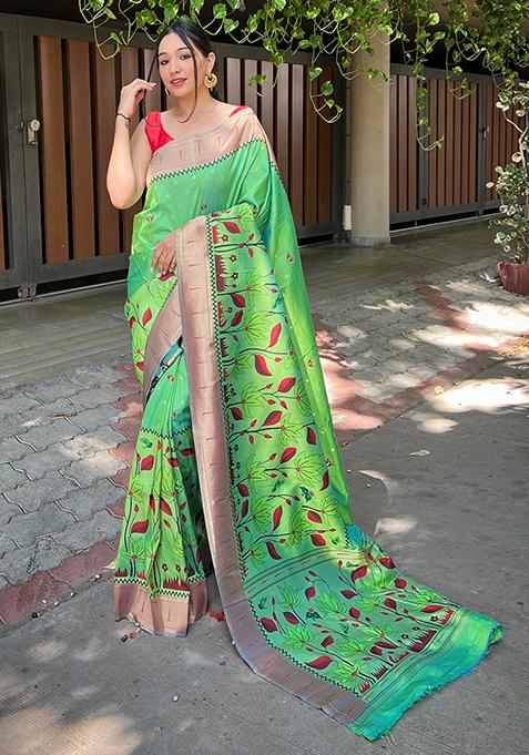 Lavender Meenakari Flower Designs Pure Banarasi Paithani Silk Saree Set With Blouse