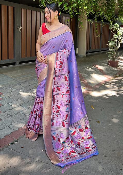 Wine Meenakari Flower Designs Pure Banarasi Paithani Silk Saree Set With Blouse