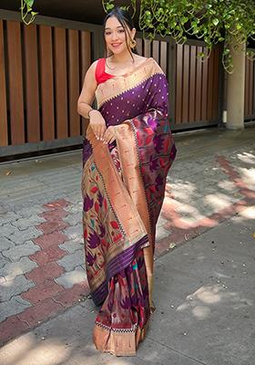 Sky Blue Meenakari Flower Designs Pure Banarasi Paithani Silk Saree Set With Blouse