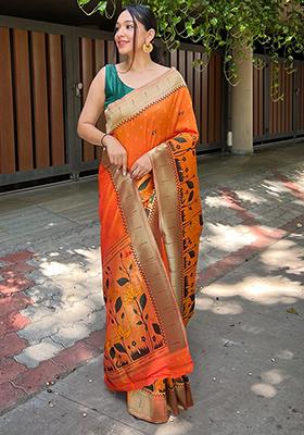 Peach Meenakari Flower Designs Pure Banarasi Paithani Silk Saree Set With Blouse
