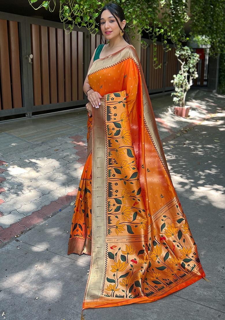 Peach Meenakari Flower Designs Pure Banarasi Paithani Silk Saree Set With Blouse