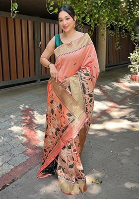 Pink Meenakari Flower Designs Pure Banarasi Paithani Silk Saree Set With Blouse