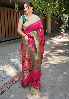 Rama Green Meenakari Flower Designs Pure Banarasi Paithani Silk Saree Set With Blouse