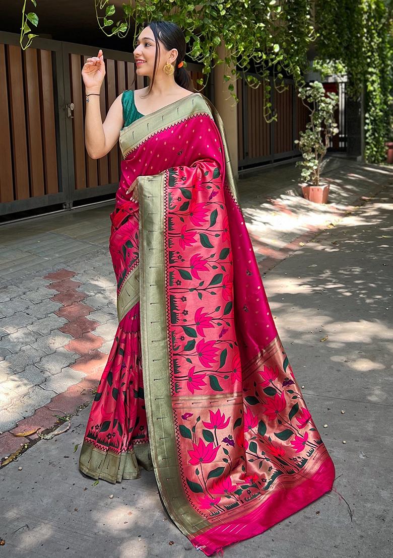 Rama Green Meenakari Flower Designs Pure Banarasi Paithani Silk Saree Set With Blouse