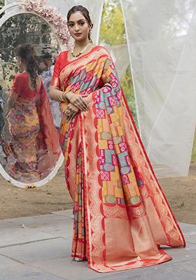 Orange Rangkat Zari Weaving Design Satin Silk Saree Set With Blouse