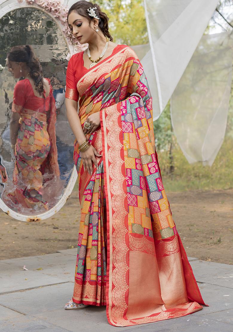 Orange Rangkat Zari Weaving Design Satin Silk Saree Set With Blouse