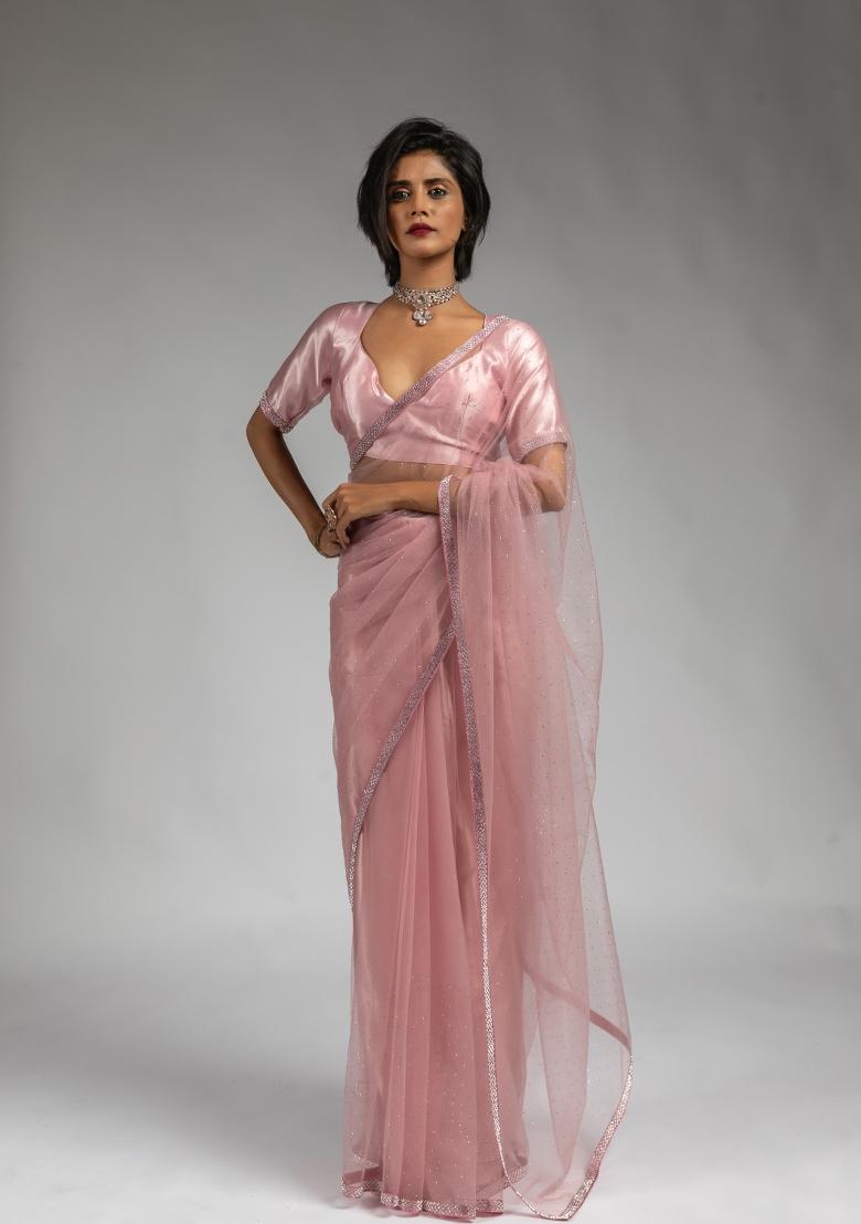 Pink Woven Net Saree Set With Blouse