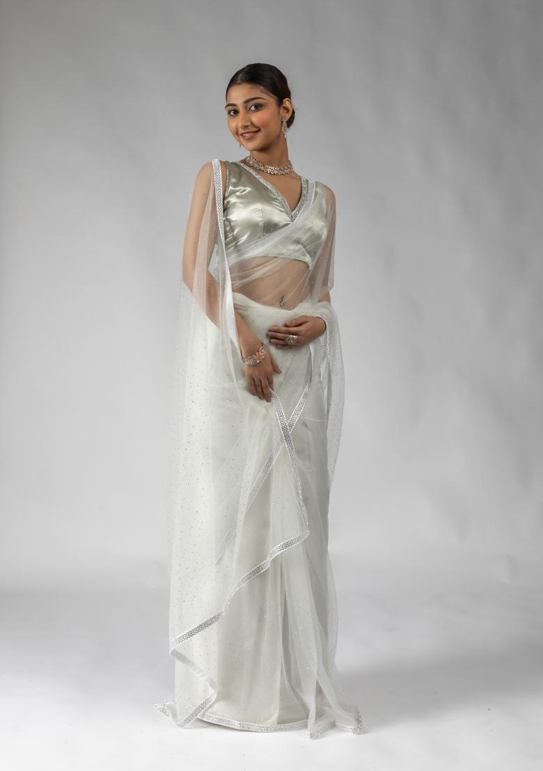 White Woven Net Saree Set With Blouse