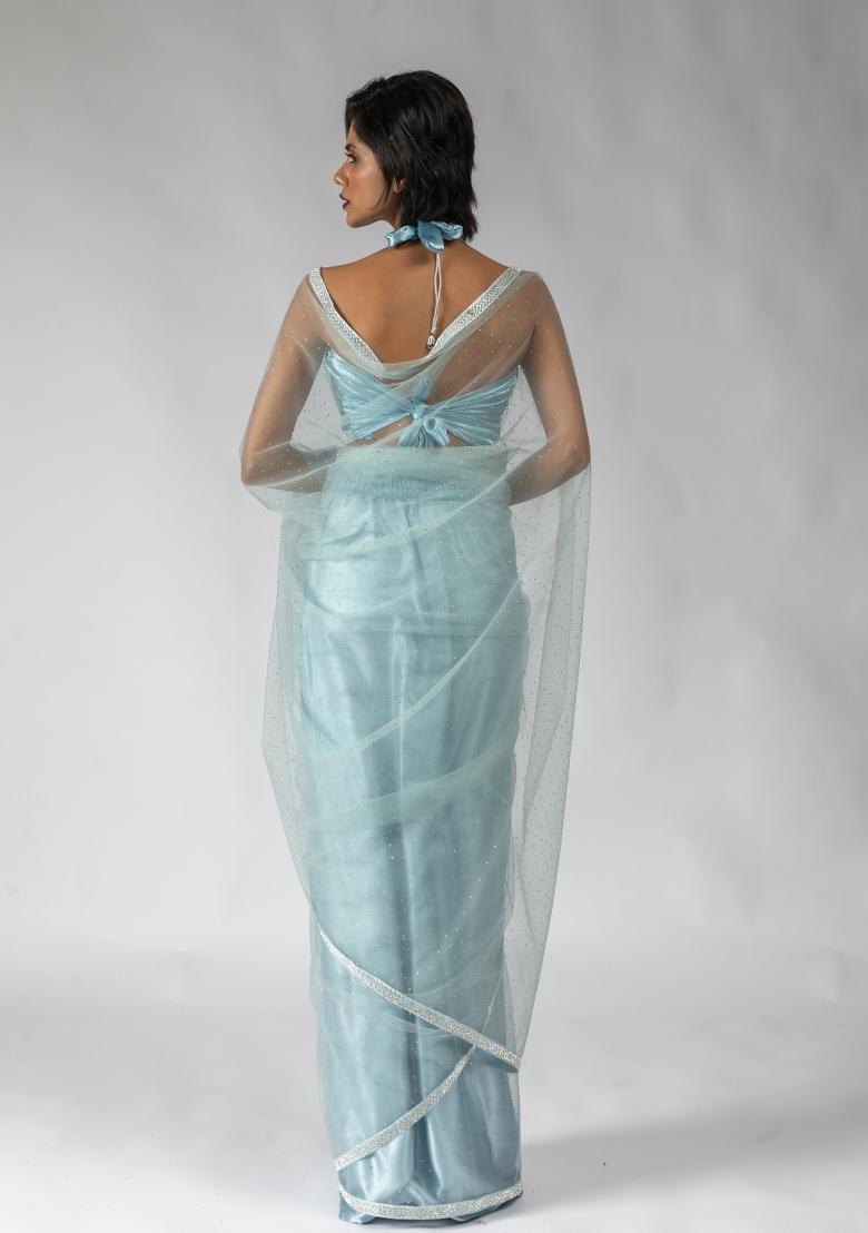 Blue Woven Net Saree Set With Blouse