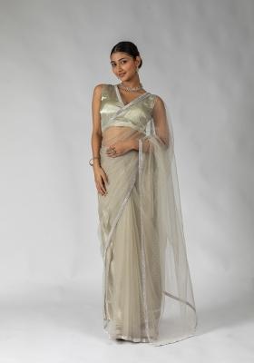 Grey Woven Net Saree Set With Blouse
