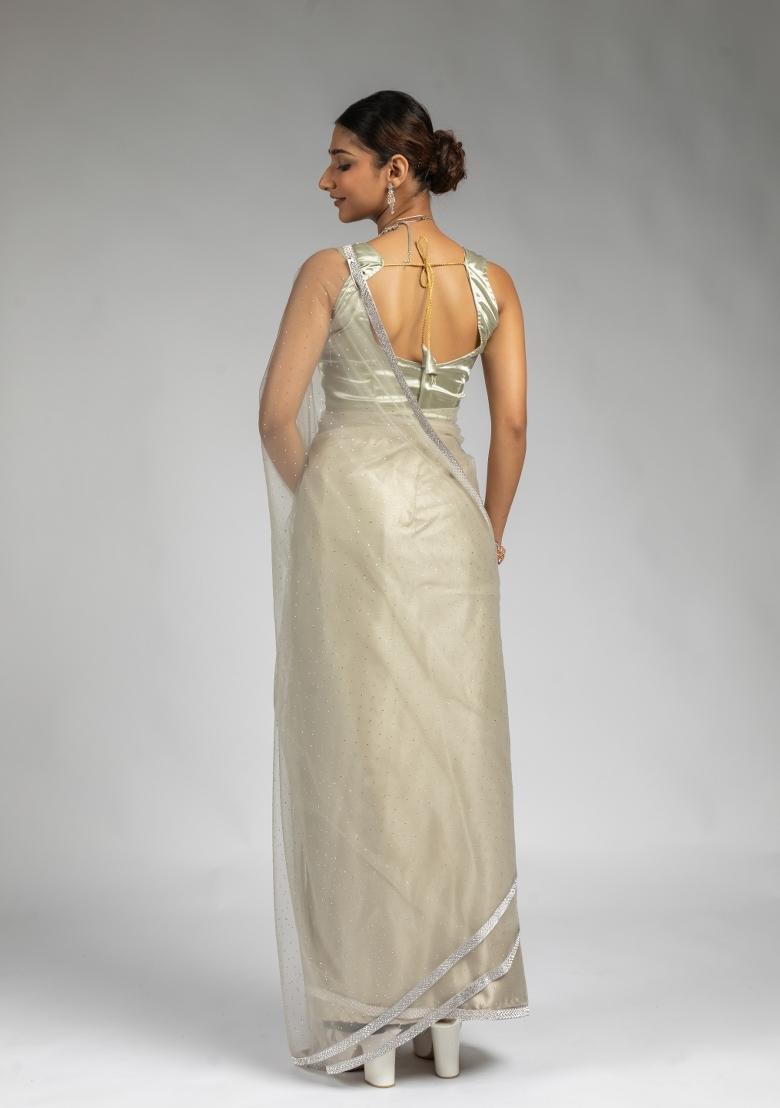 Grey Woven Net Saree Set With Blouse