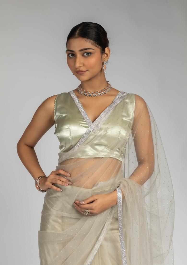 Grey Woven Net Saree Set With Blouse