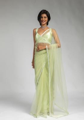 Light Green Woven Net Saree Set With Blouse