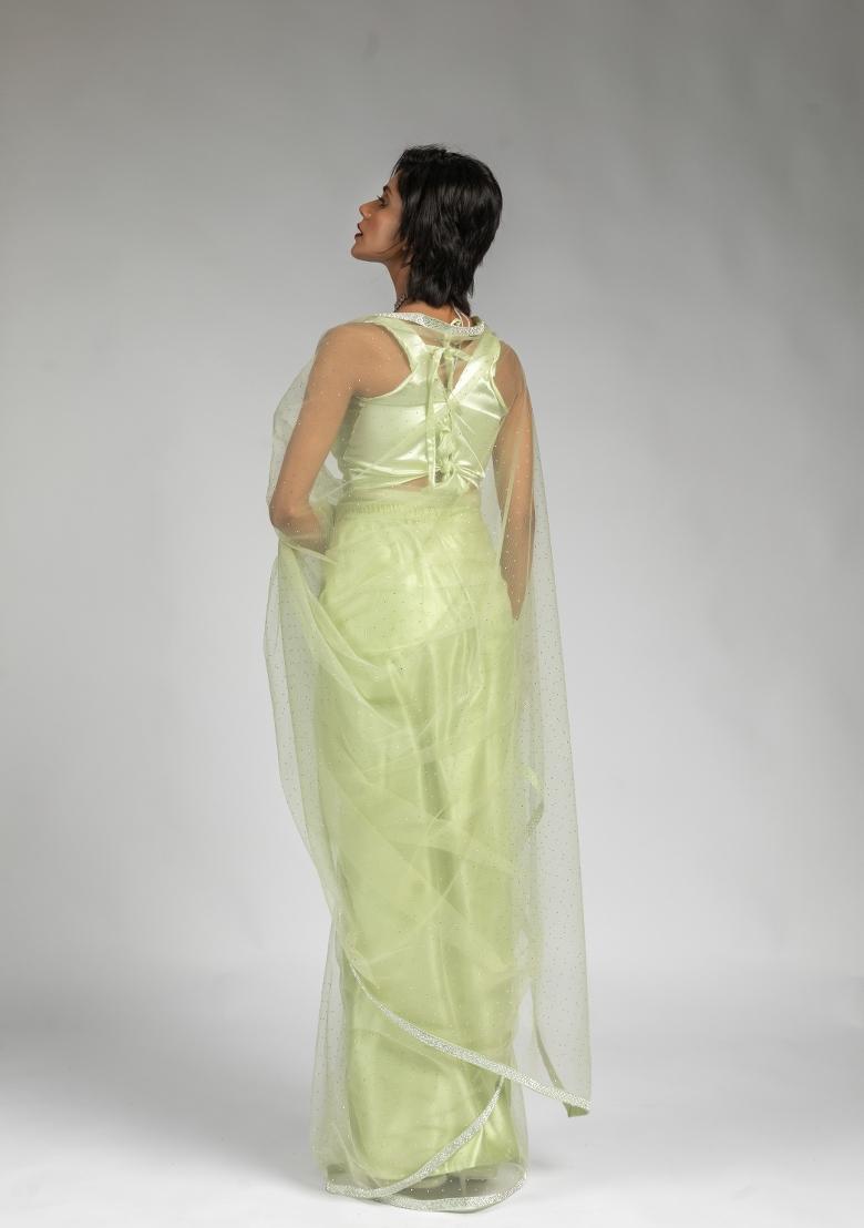 Light Green Woven Net Saree Set With Blouse