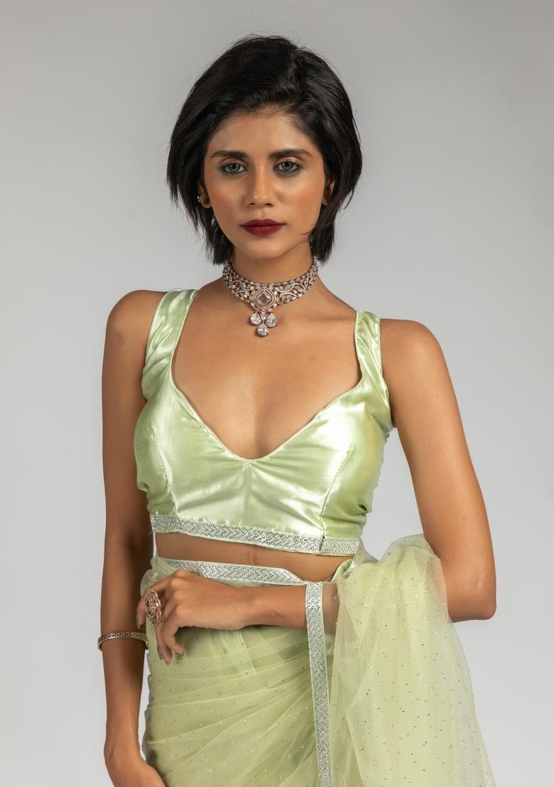 Light Green Woven Net Saree Set With Blouse