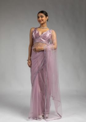 Lavender Woven Net Saree Set With Blouse