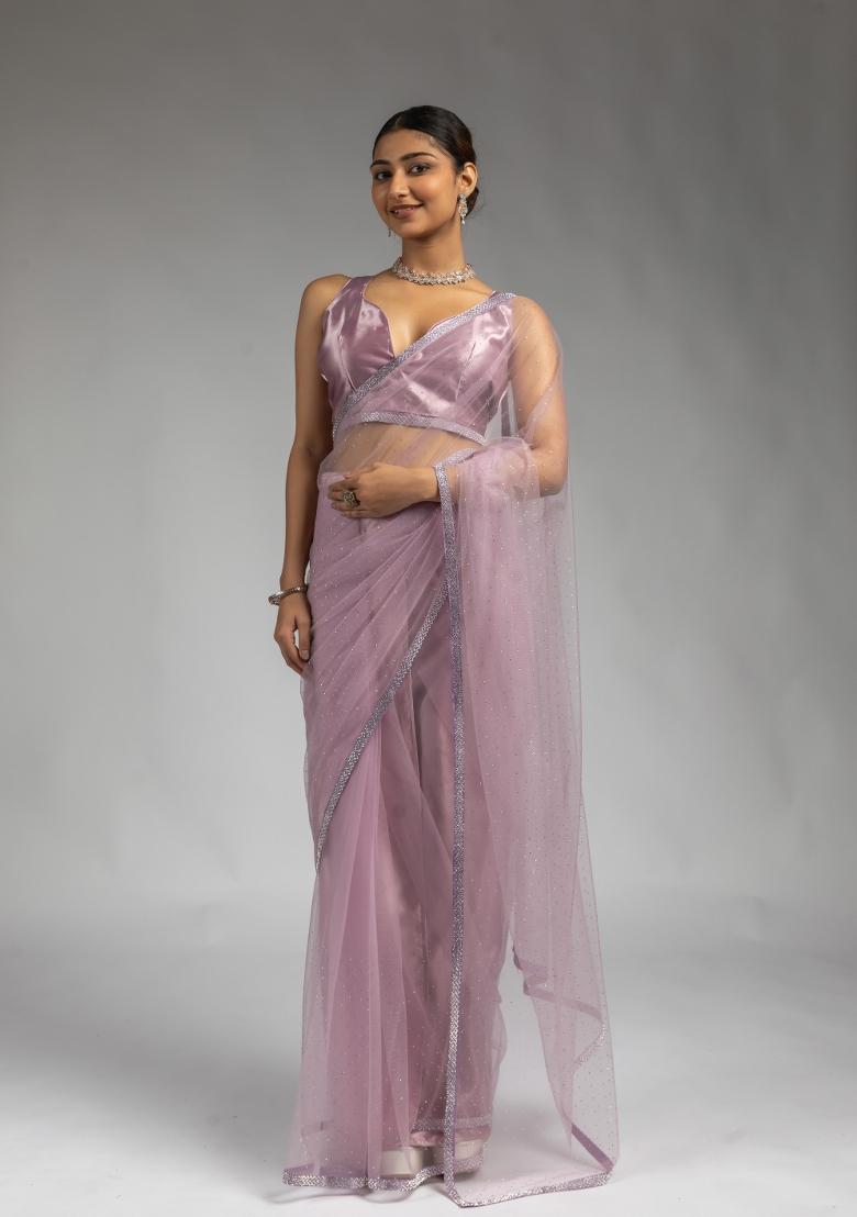 Lavender Woven Net Saree Set With Blouse