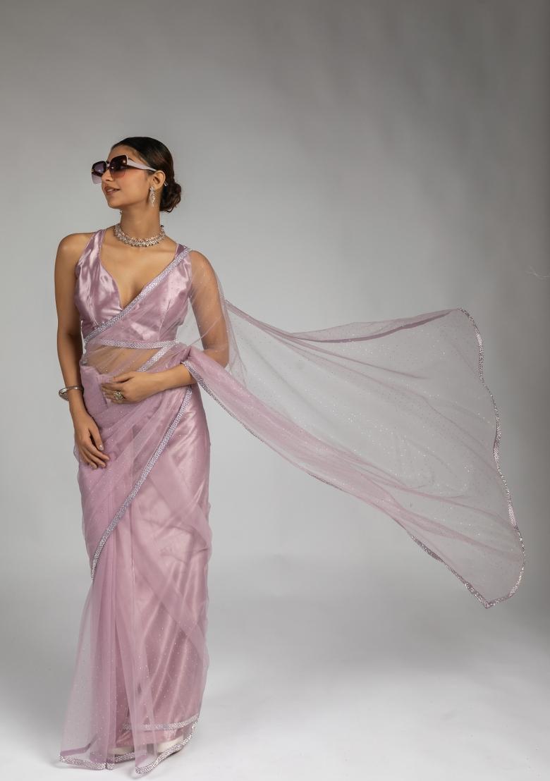 Lavender Woven Net Saree Set With Blouse
