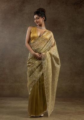 Mustard Yellow Woven Tissue Saree Set With Blouse