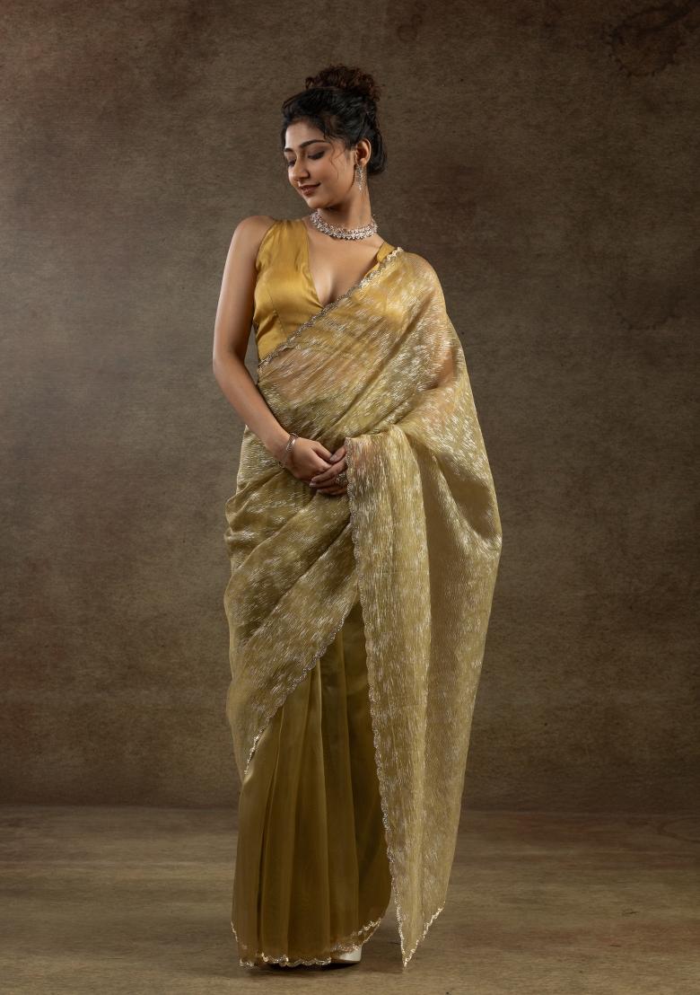 Mustard Yellow Woven Tissue Saree Set With Blouse