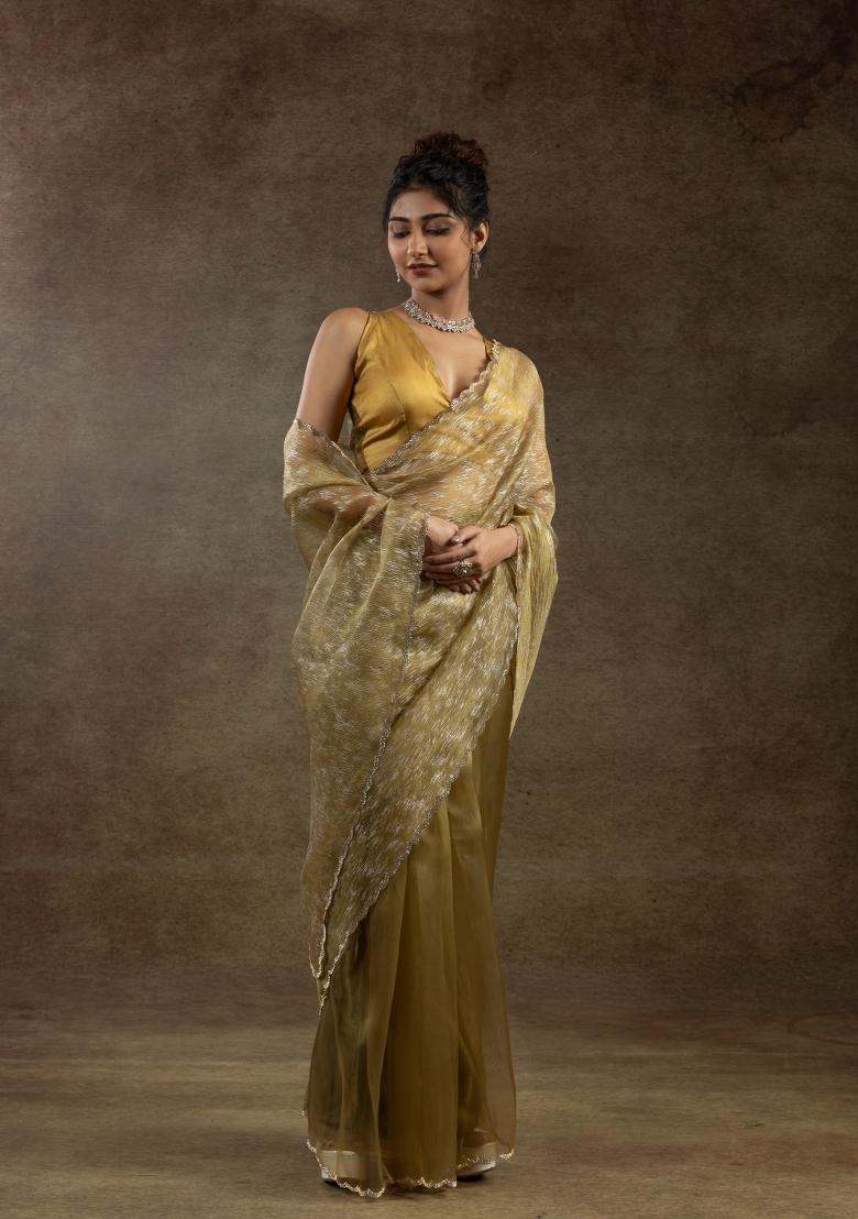 Mustard Yellow Woven Tissue Saree Set With Blouse