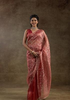 Peach Woven Tissue Saree Set With Blouse