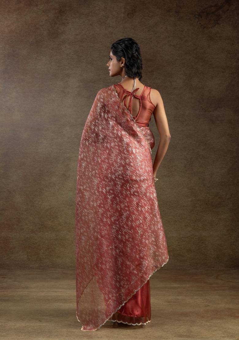 Peach Woven Tissue Saree Set With Blouse