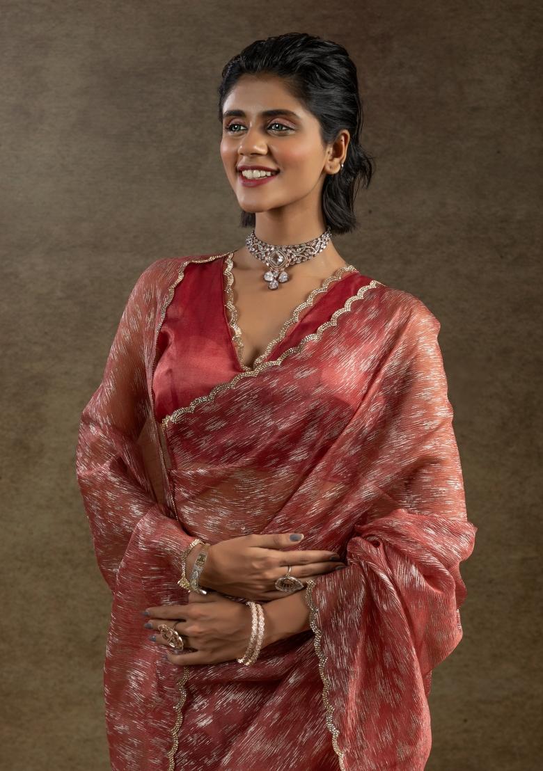 Peach Woven Tissue Saree Set With Blouse