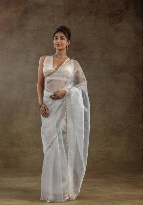 White Woven Tissue Saree Set With Blouse