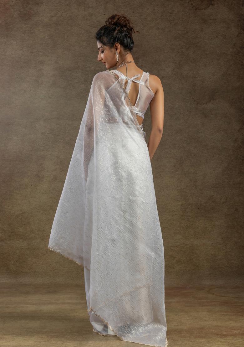 White Woven Tissue Saree Set With Blouse