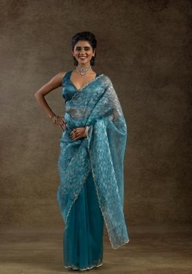 Blue Woven Tissue Saree Set With Blouse