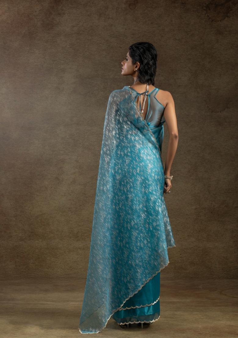 Blue Woven Tissue Saree Set With Blouse