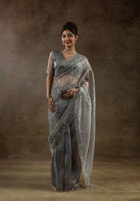 Grey Woven Tissue Saree Set With Blouse
