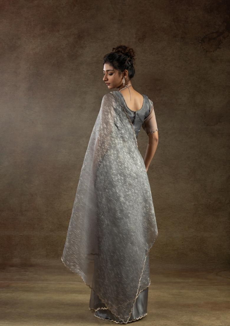 Grey Woven Tissue Saree Set With Blouse