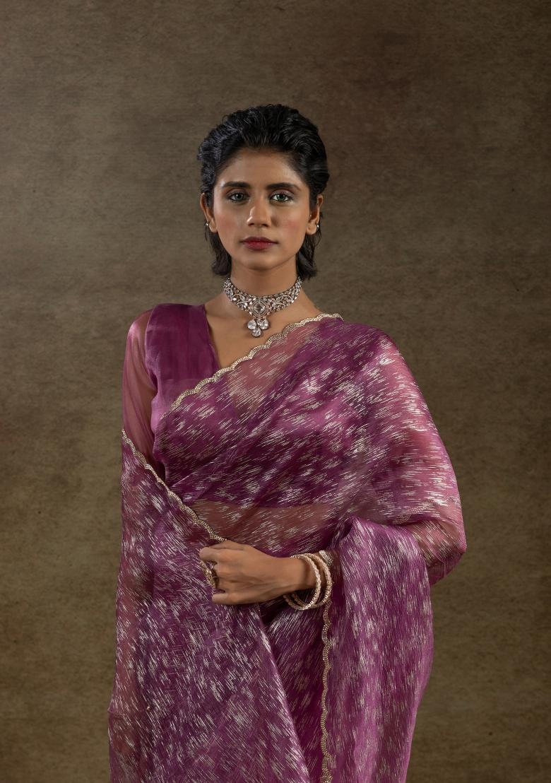 Onion Pink Woven Tissue Saree Set With Blouse
