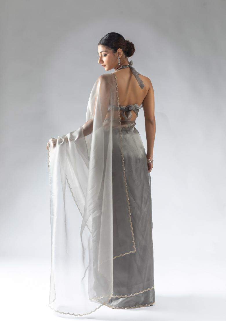 Grey Woven Tissue Silk Saree Set With Blouse