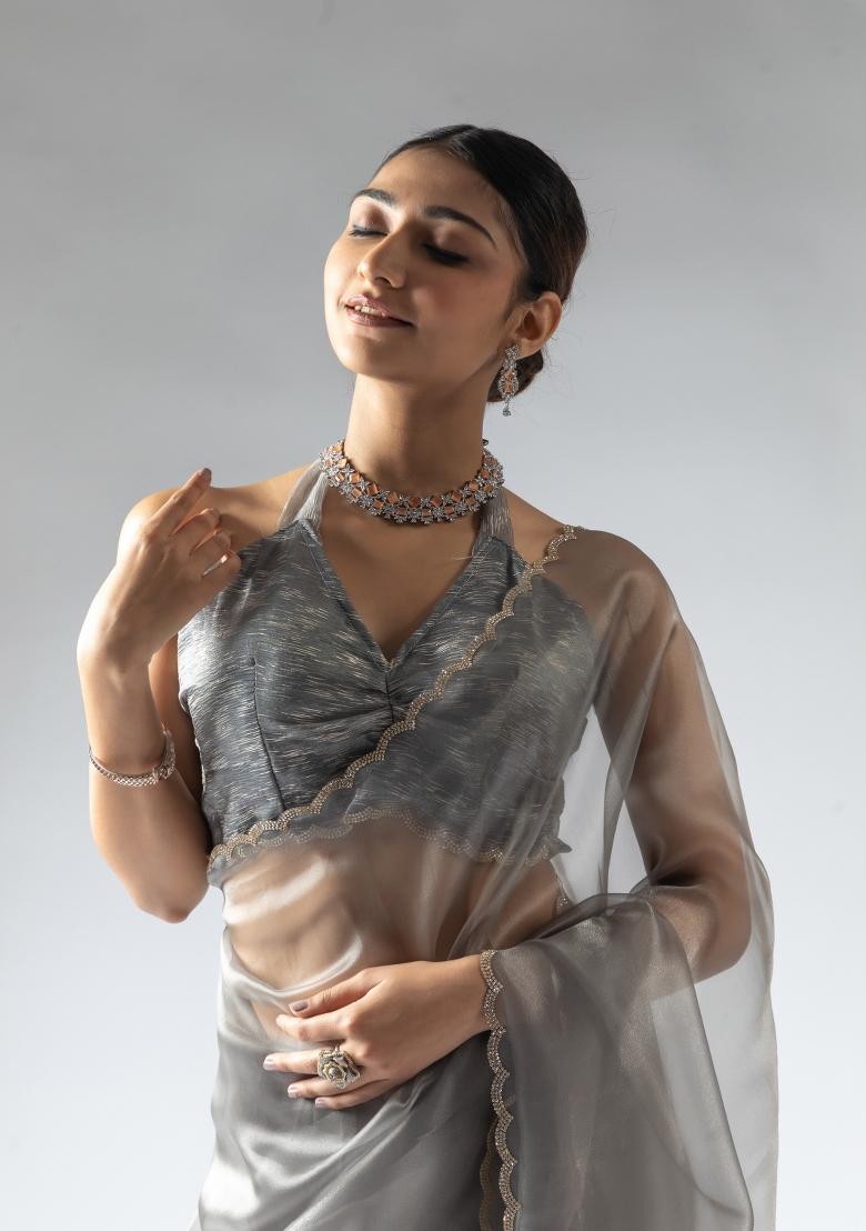 Grey Woven Tissue Silk Saree Set With Blouse
