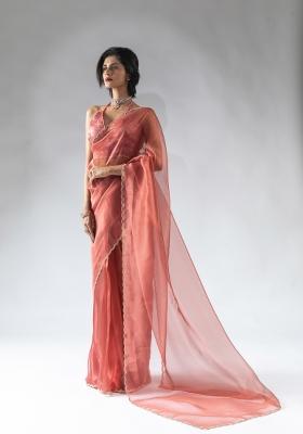 Peach Woven Tissue Silk Saree Set With Blouse