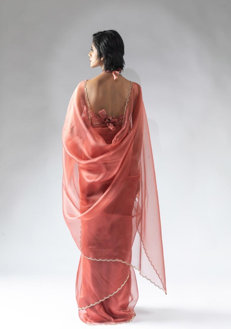 Peach Woven Tissue Silk Saree Set With Blouse